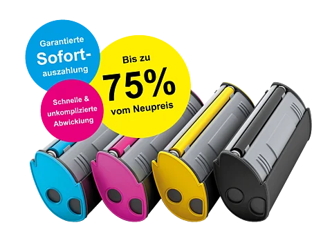 Abbildung der Tonerkartuschen CMYK und dreier Vorteile des Toner Ankaufs